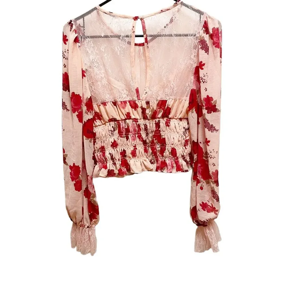 Free People Boho Daphne Pink Floral Long Sleeve Smocked Crop Top Medium NWT